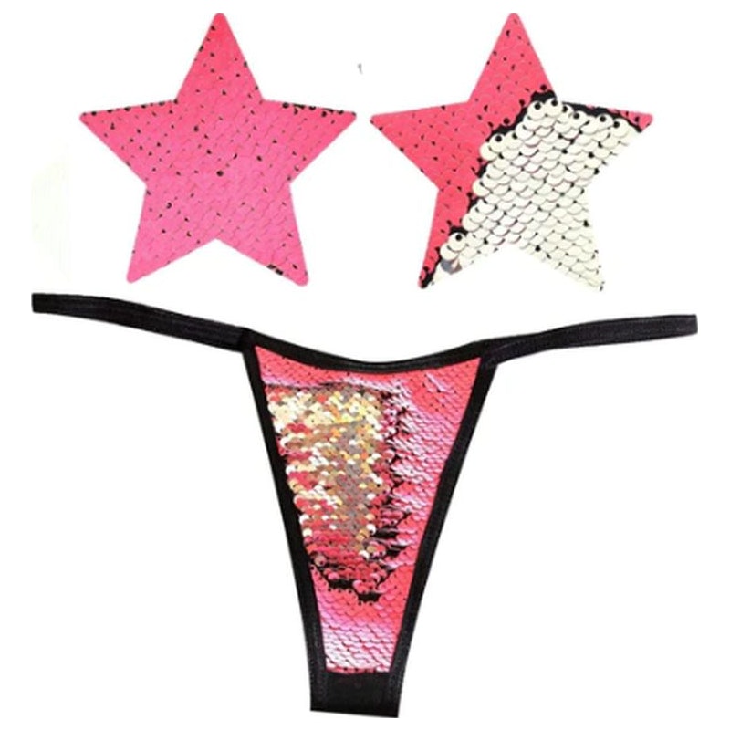 Bitchin Neon Pink and Silver Blacklight Sequin Pastie and Panty Set