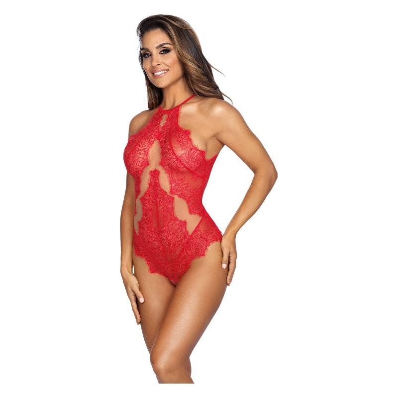 Lace Halter Neck Bodysuit Red - Naughty by Nature Adult Store