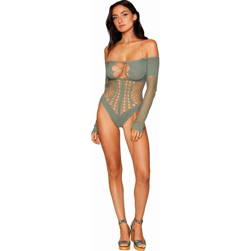 Dreamgirl Seamless Long Sleeve Teddy with Removeable Gold Halter Chain Sage - Naughty by Nature Adult Store