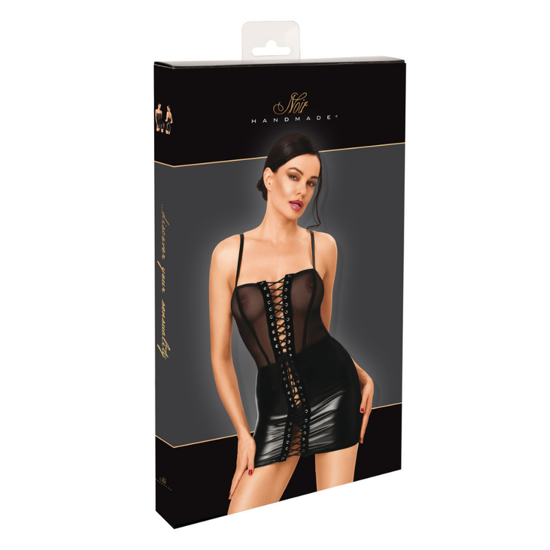 Wet Look Sheer Lace Up Mini Dress Black