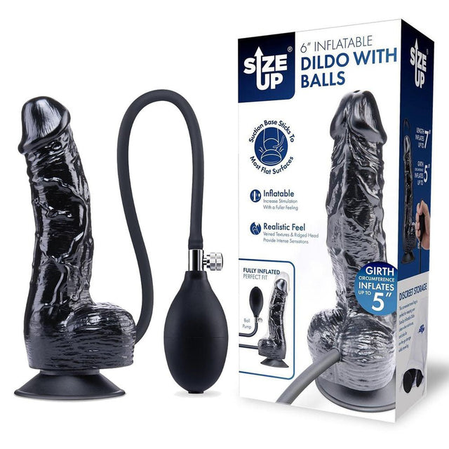 6 Inch Inflatable Dildo With Balls Black - DONGS