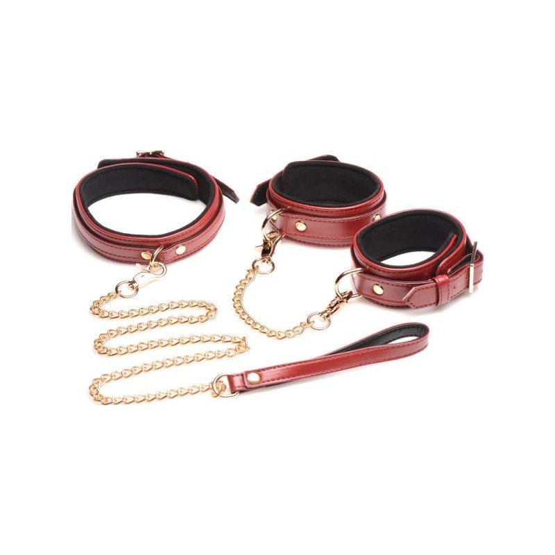 6 Pc PU Leather Bondage Set Burgundy - Adult Toys