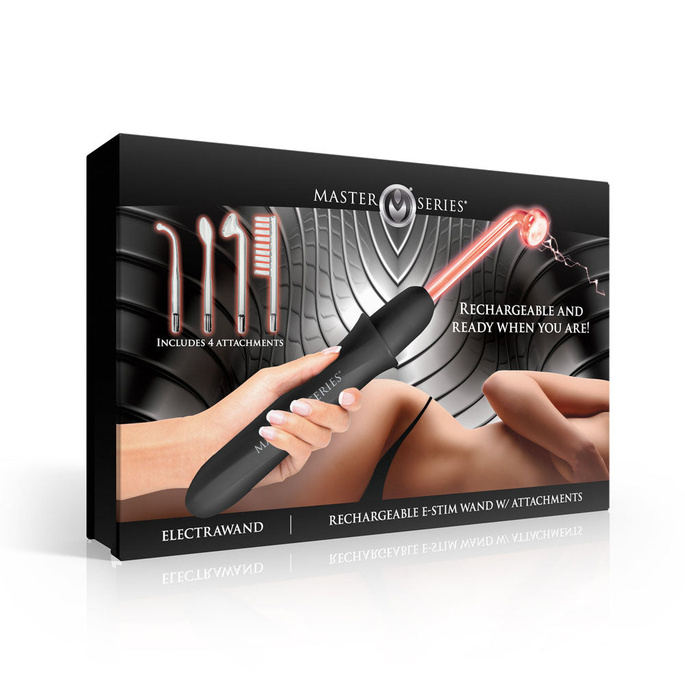 Master Series Black Rechargeable E Stim Violet Wand With Attachments
