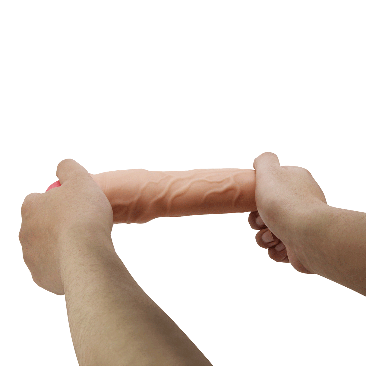 Two hands stretch a flesh-colored, textured TPR penis extender sleeve against a white background.