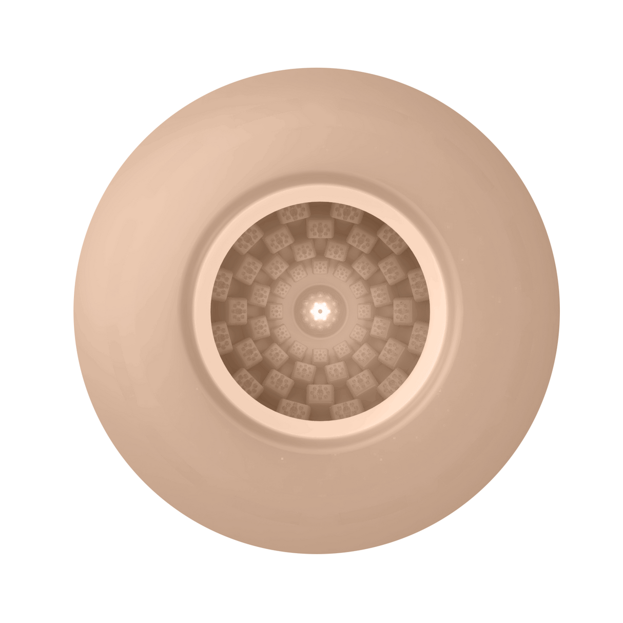 Top-down view of a flesh-toned TPR male masturbator showing a textured, ribbed interior tunnel.
