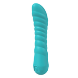 A teal, ribbed silicone vibrator with a curved tip and a power button at the base.