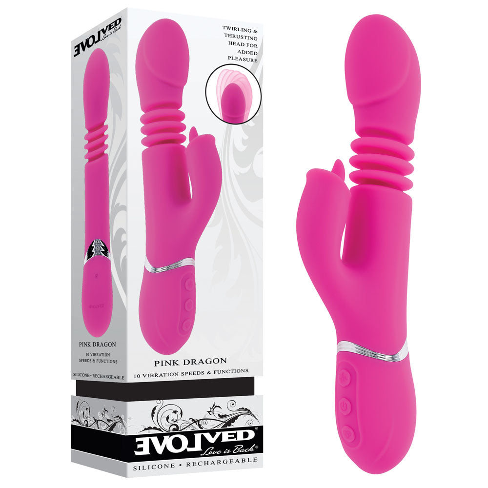 Evolved PINK DRAGON - Pink 24.2 cm USB Rechargeable Thrusting Rabbit Vibrator