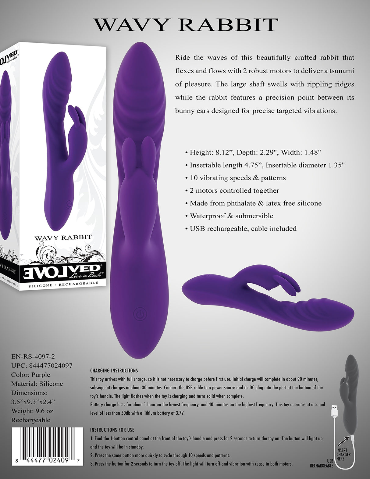 Evolved WAVY RABBIT - Purple 20.6 cm USB Rechargeable Rabbit Vibrator