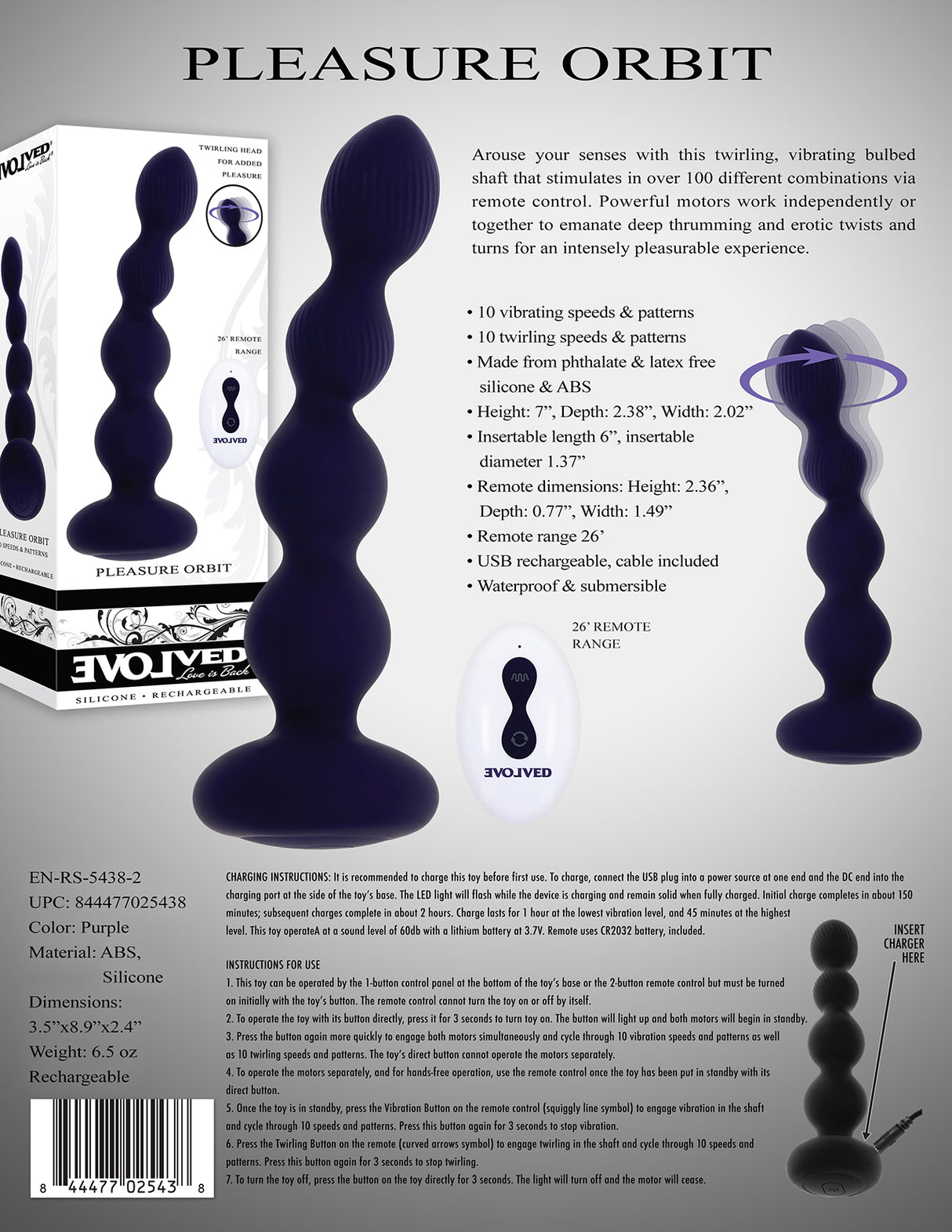 Evolved PLEASURE ORBIT - Navy Blue 17.8 cm USB Rechargeable Twirling & Vibrating Anal Beads with Remote