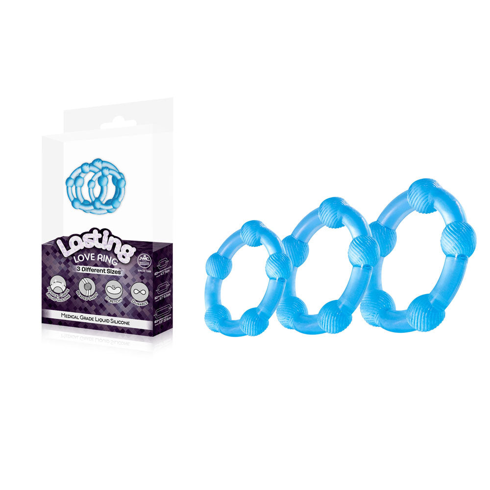 Lasting Love Ring 3 Piece Set - Blue - Blue Beaded Cock Rings - Set of 3 Sizes