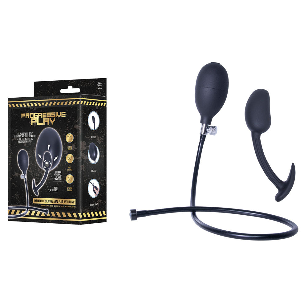 Progressive Play Black Silicone Inflatable Anal Plug with Pump 22.4 Cm
