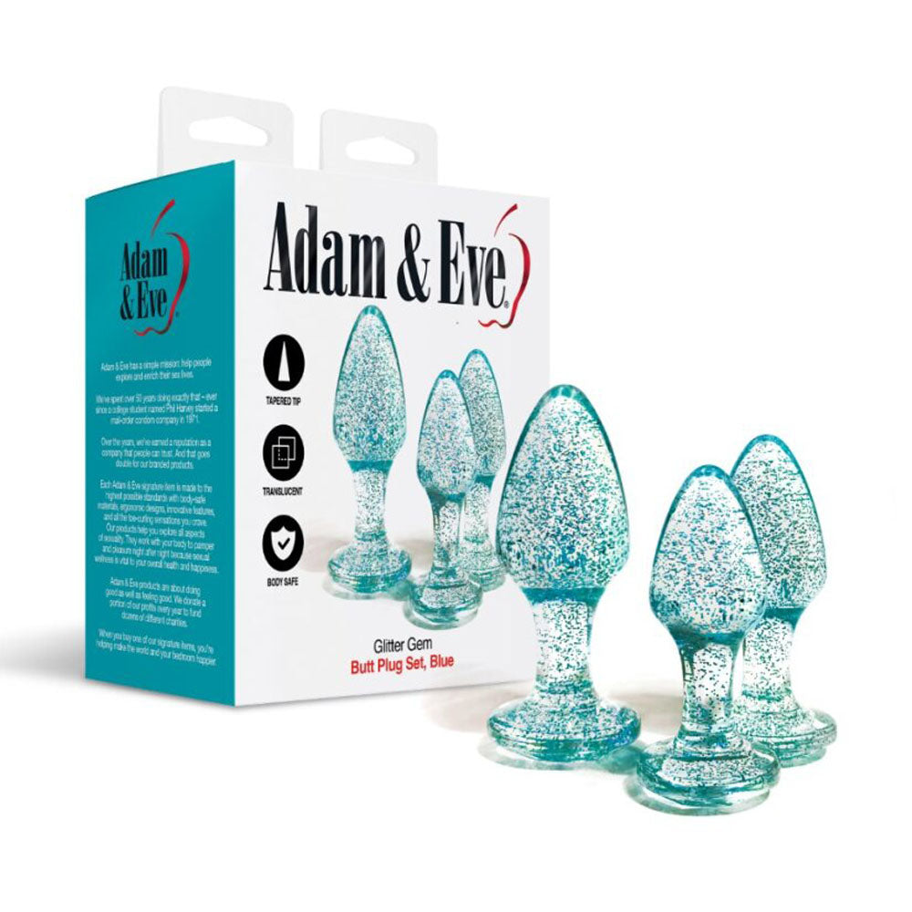 Adam & Eve Glitter Gem 3-Piece Butt Plug Set - Blue - Glitter Blue Butt Plugs - Set of 3 Sizes