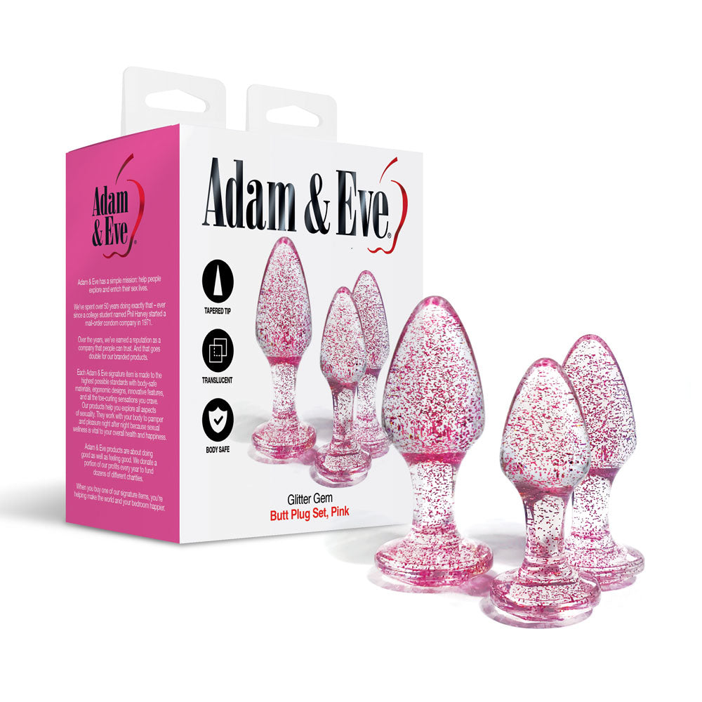 Adam & Eve Glitter Gem 3-Piece Butt Plug Set - Pink - Glitter Pink Butt Plugs - Set of 3 Sizes