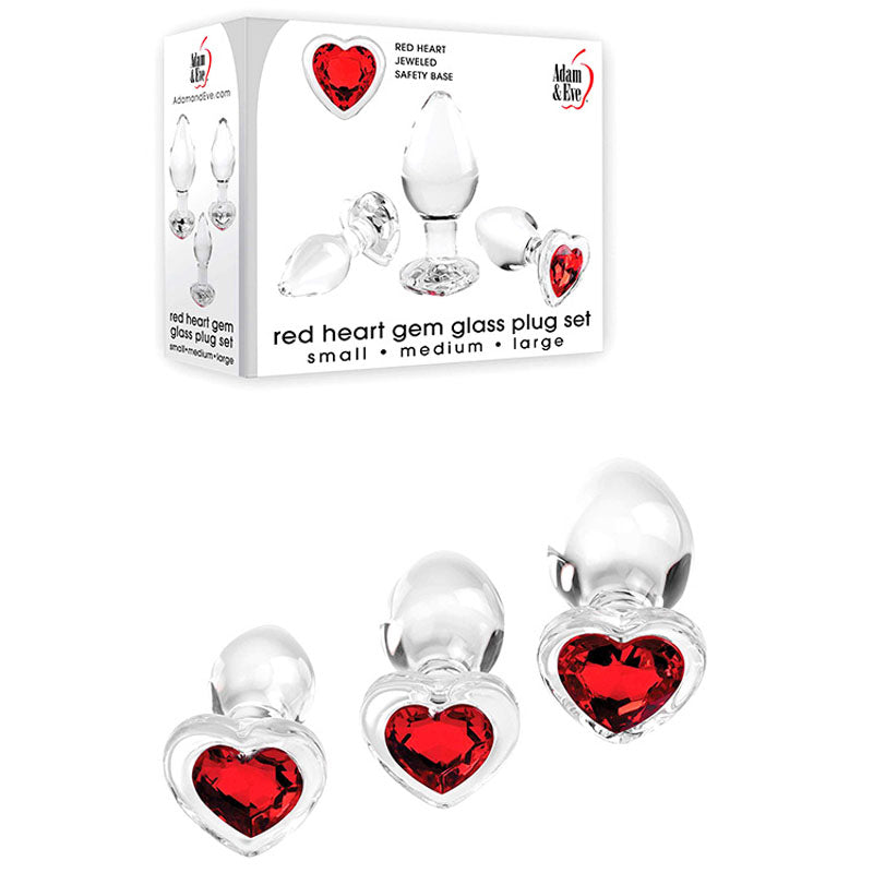 Adam & Eve RED HEART GEM GLASS PLUG SET - Clear Glass Butt Plugs - Set of 3 Sizes