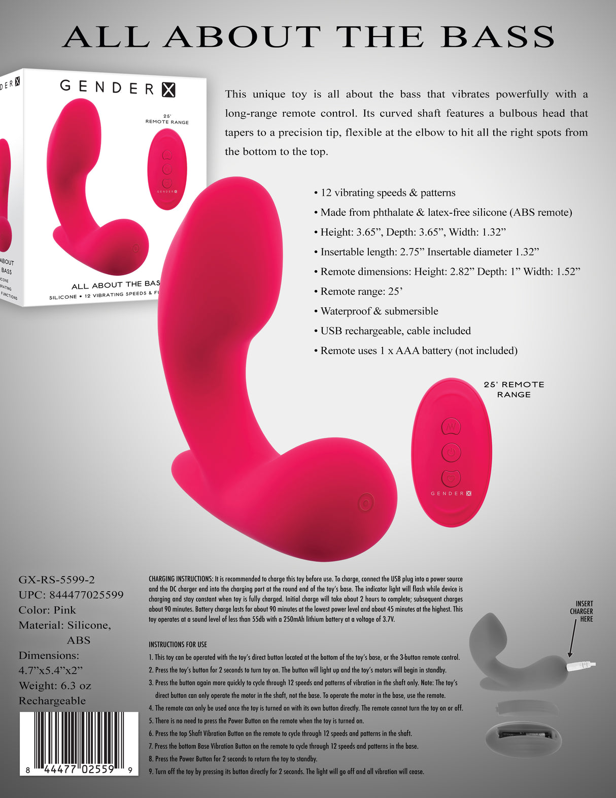 Gender X ALL ABOUT THE BASS - Pink USB Rechargeable Wearable Vibrator with Wireless Remote