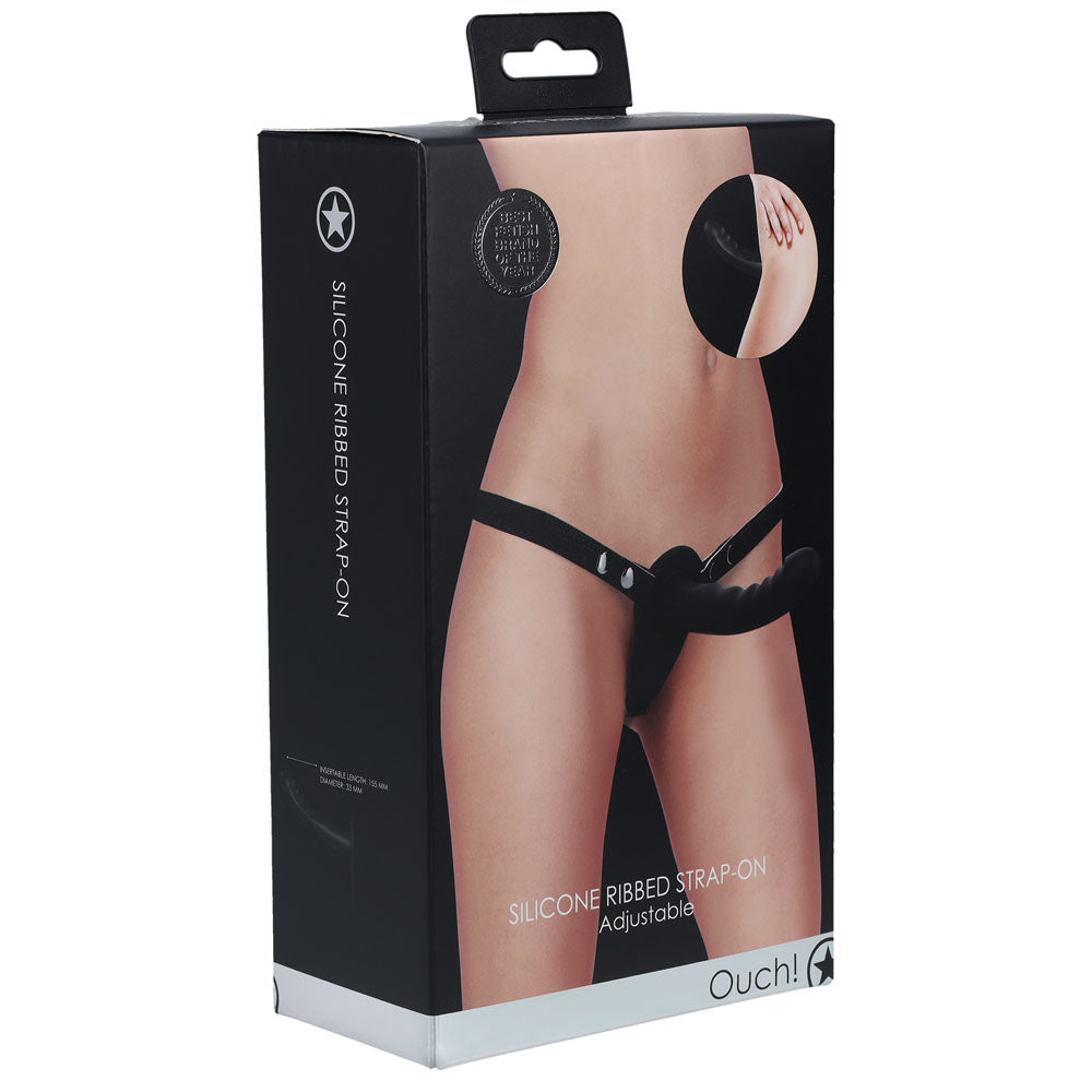 OUCH! Silicone Ribbed Strap-On - Black - Black Strap-On