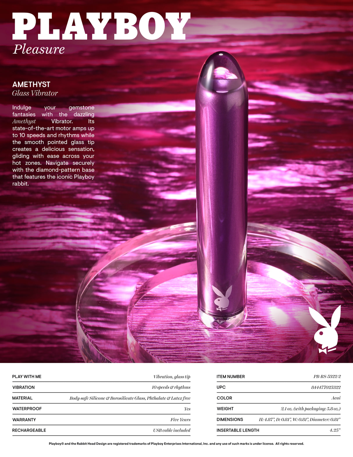 Playboy Pleasure AMETHYST - USB Rechargeable Glass Tipped Mini Vibrator