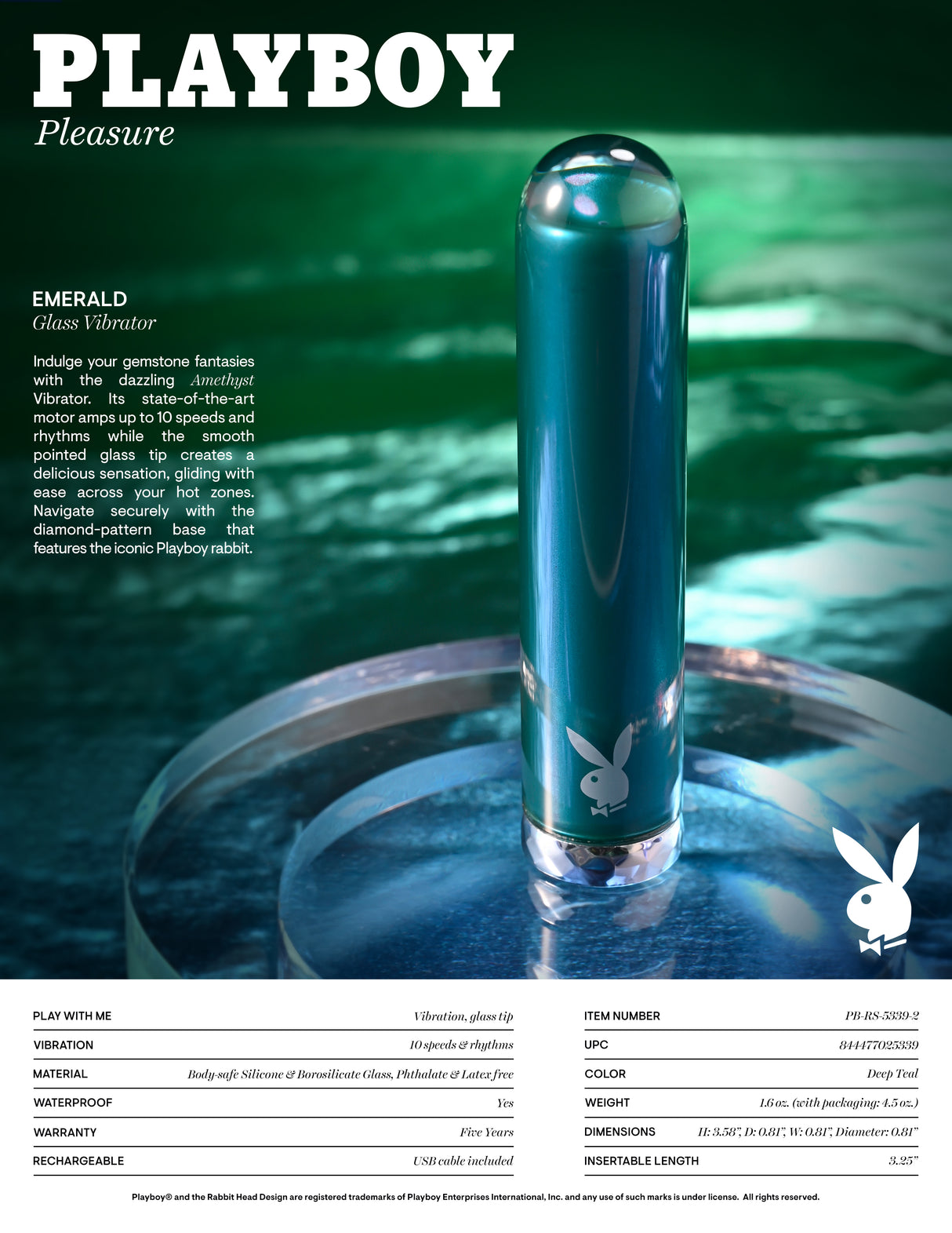 Playboy Pleasure EMERALD - USB Rechargeable Glass Tipped Bullet