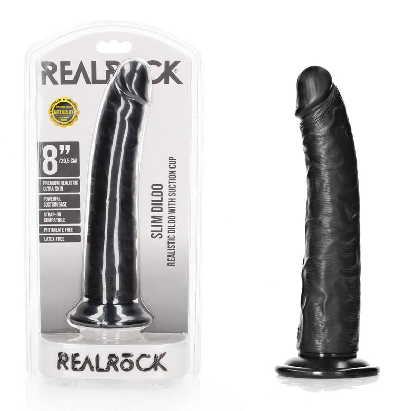 REALROCK Realistic Slim Dildo with Suction Cup - 20.5cm - Black 20.5 cm (8'') Dong