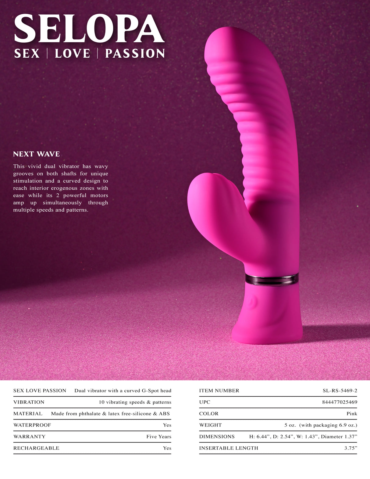 Selopa NEXT WAVE - Pink 16.4 cm USB Rechargeable Dual Vibrator