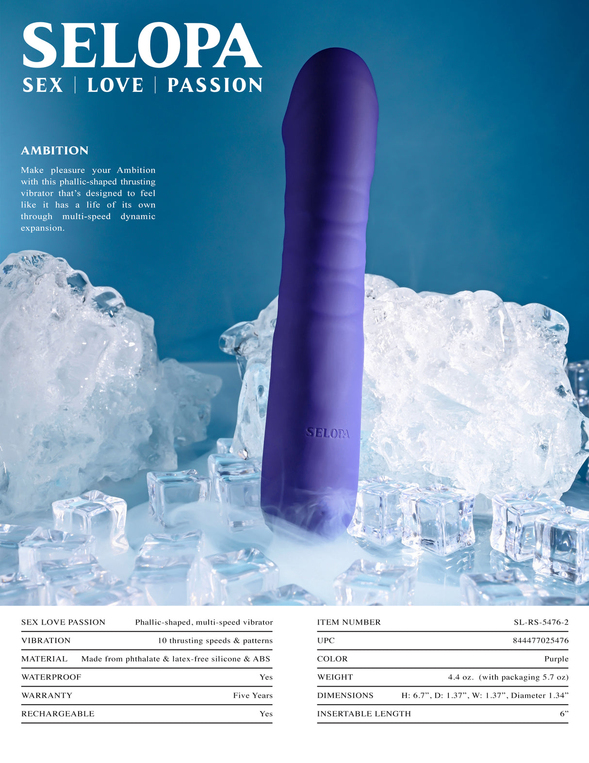 Selopa AMBITION - Purple 17 cm USB Rechargeable Thrusting Vibrator