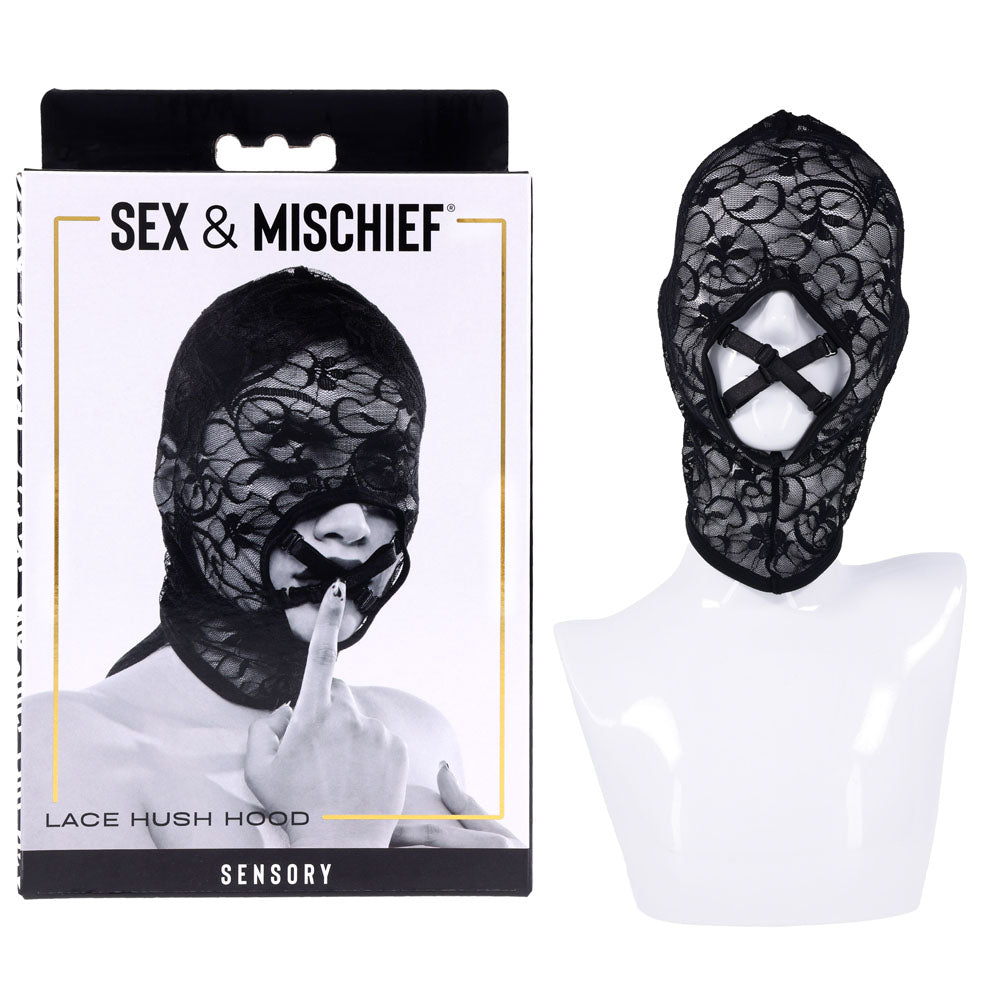Sex & Mischief Lace Hush Hood – Sheer Floral Sensory Mask in Black