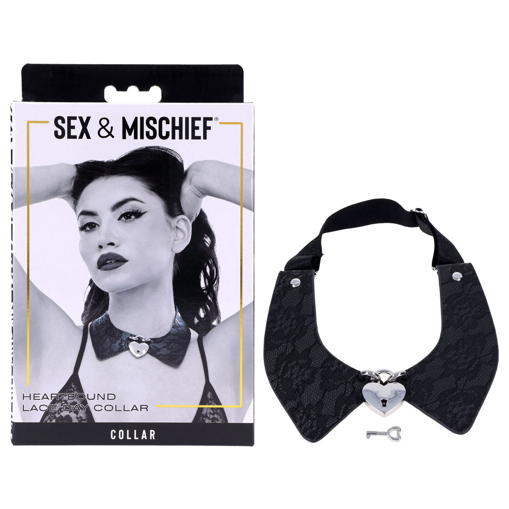Sportsheets Heartbound Lace Day Collar – Black Faux Leather & Silver Lock