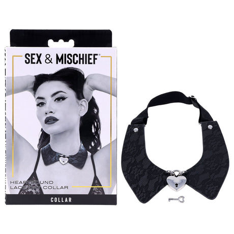 Sportsheets Heartbound Lace Day Collar – Black Faux Leather & Silver Lock