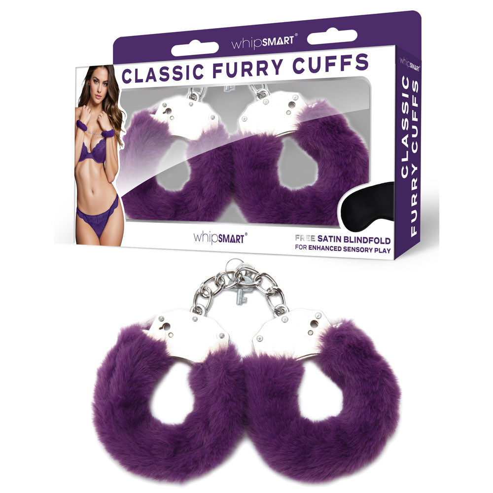 WhipSmart Classic Furry Cuffs - Purple - Purple Furry Restraints with Bonus Eye Mask