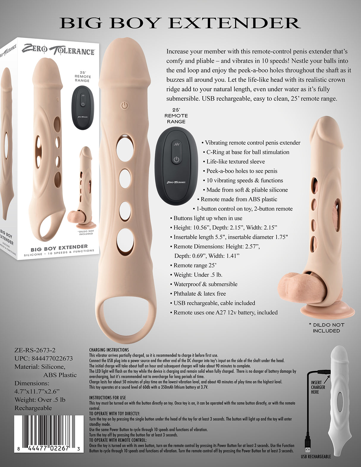 Zero Tolerance BIG BOY EXTENDER - Light - Flesh USB Rechargeable Vibrating Penis Extension Sleeve