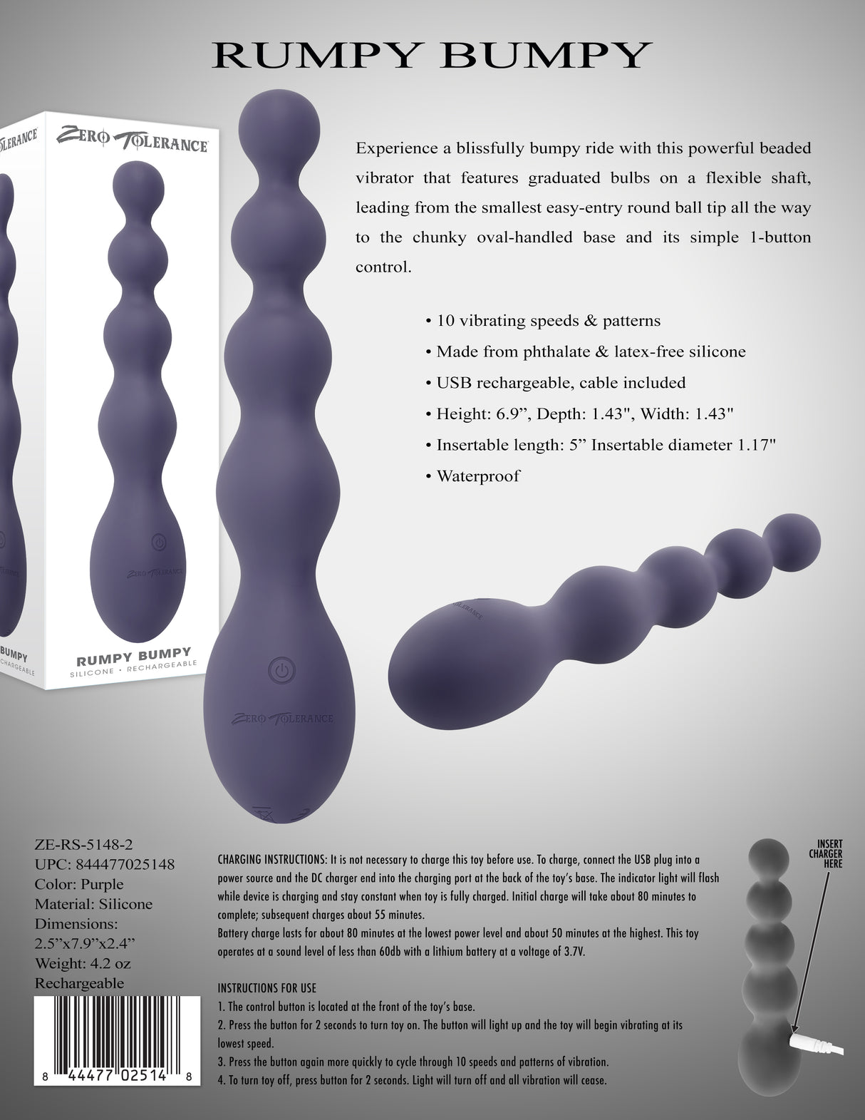 Zero Tolerance RUMPY BUMPY - Purple 17.5 cm USB Rechargeable Vibrating Anal Beads