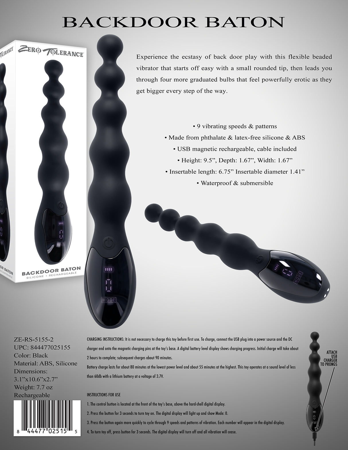 Zero Tolerance BACKDOOR BATON - Black 24 cm USB Rechargeable Vibrating Anal Beads