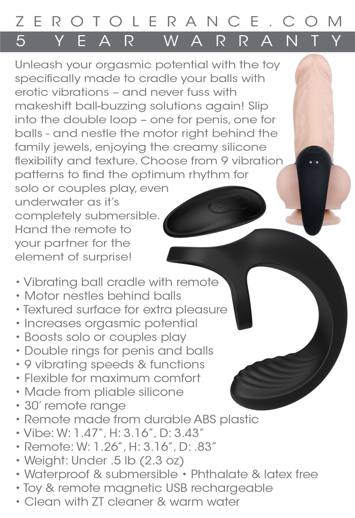 Zero Tolerance Vibrating Ball Cradle - Black USB Rechargeable Vibrating Cock Ring