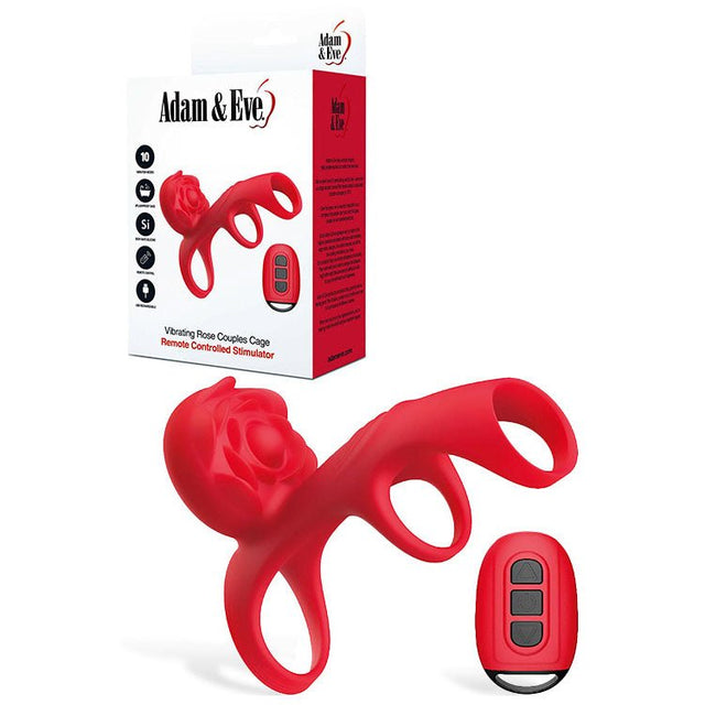 Adam And Eve Vibrating Rose Couples Cage Red USB Rechargeable Wireless Remote - COCK RINGS