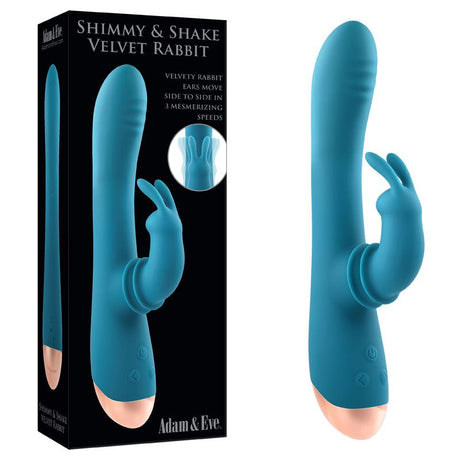 Adam & Eve SHIMMY & SHAKE VELVET RABBIT - Blue 22.4 cm USB Rechargeable Rabbit Vibrator - VIBRATORS - RABBIT