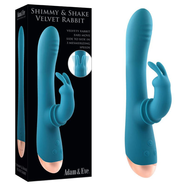 Adam & Eve SHIMMY & SHAKE VELVET RABBIT - Blue 22.4 cm USB Rechargeable Rabbit Vibrator - VIBRATORS - RABBIT