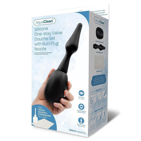 AquaClean Silicone 1 - Way Valve Douche Set with Butt Plug Nozzle - 150 ml Capacity with Free Travel Douche Included - HEALTH CARE
