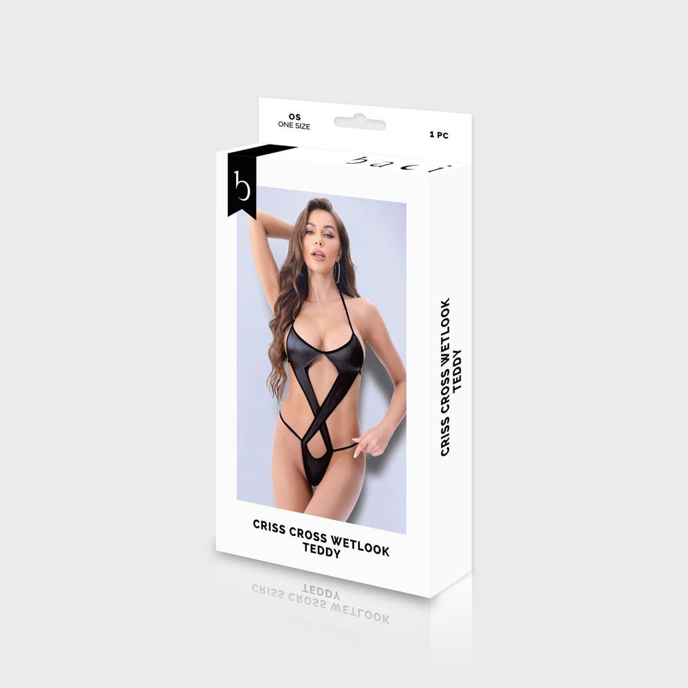 BACI WL Criss Cross Wetlook Teddy - Black - One Size - LINGERIE & BODY WEAR