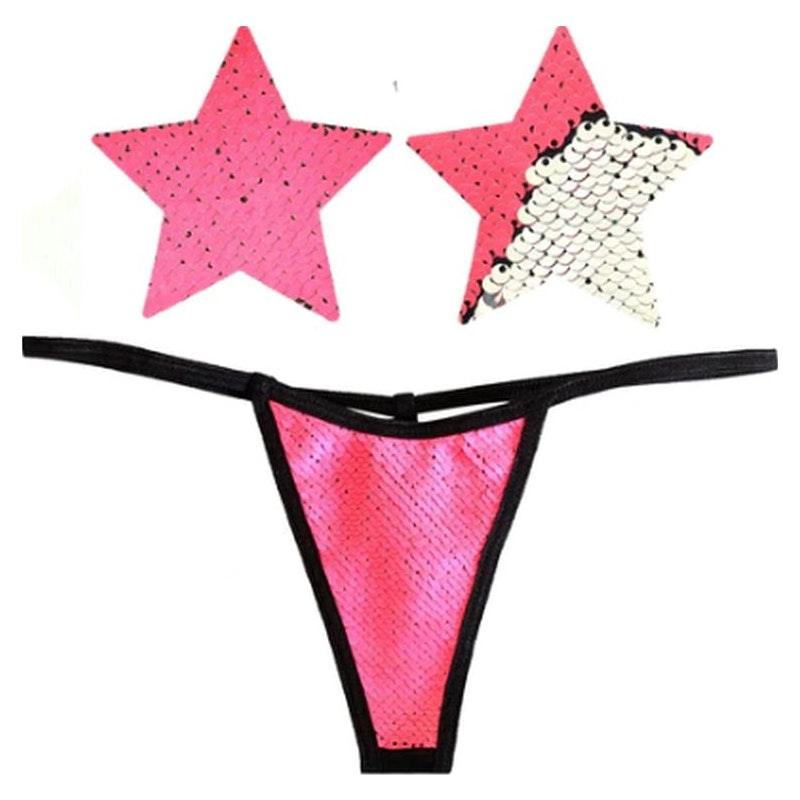 Bitchin Neon Pink and Silver Blacklight Sequin Pastie and Panty Set - Lingerie