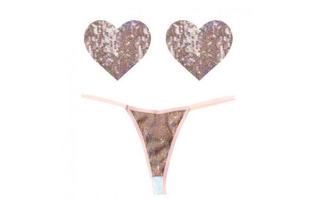 Bubbly Feels Nude Sequin Pantie and Heart Pastie Set - Adult Toys