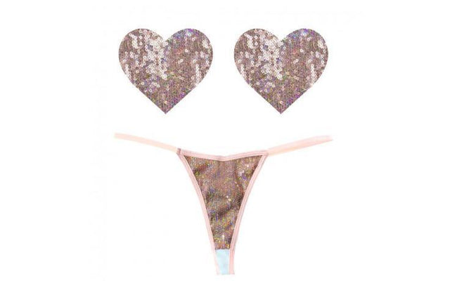 Bubbly Feels Nude Sequin Pantie and Heart Pastie Set - Adult Toys