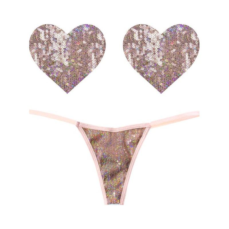 Bubbly Feels Nude Sequin Pantie and Heart Pastie Set - Adult Toys