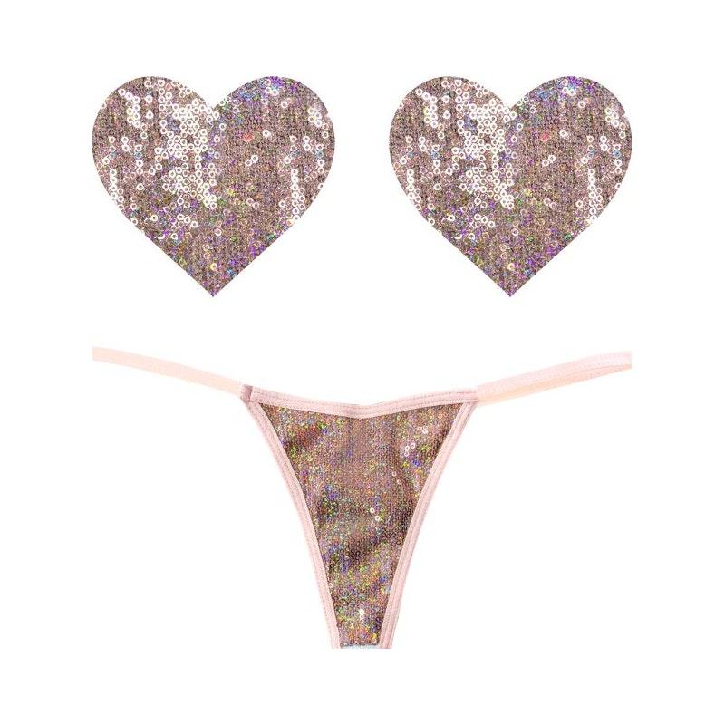 Bubbly Feels Nude Sequin Pantie and Heart Pastie Set - Naughty by Nature Adult Store