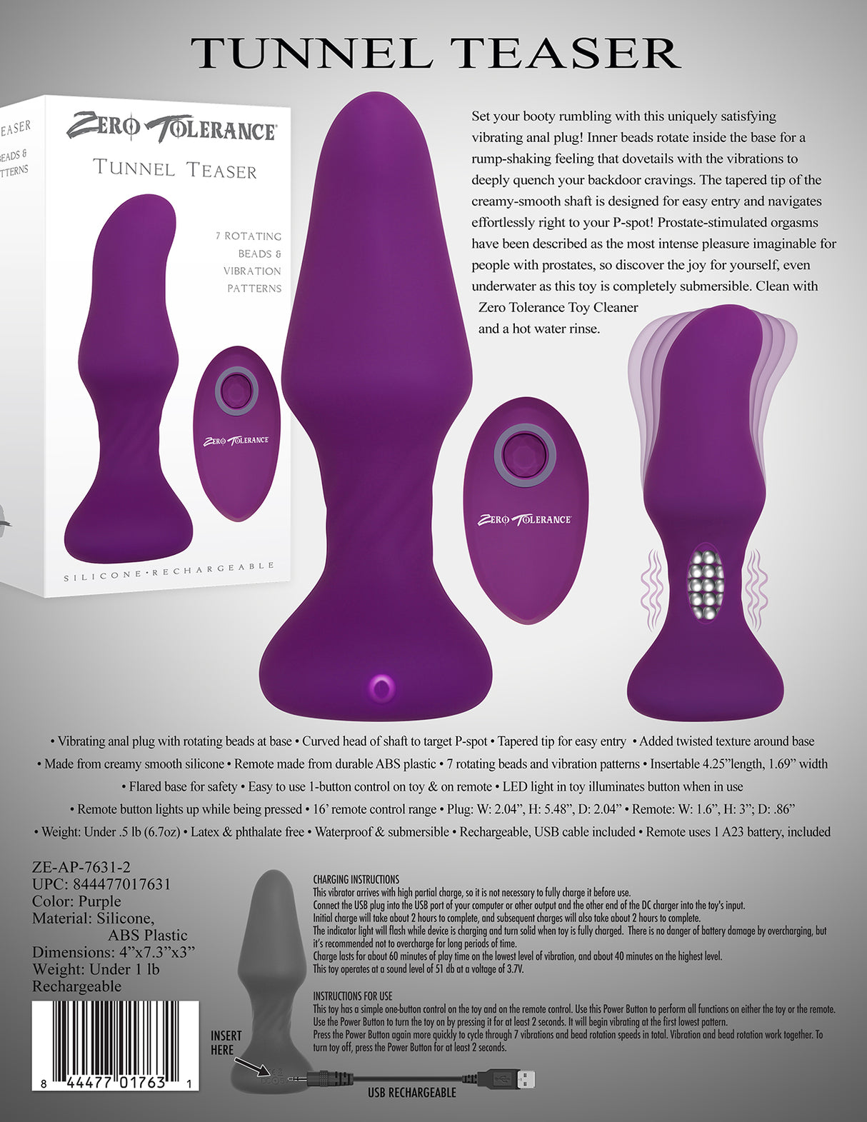 Zero Tolerance Tunnel Teaser - Purple 13.9 cm USB Rechargeable Butt Plug with Wireless Remote