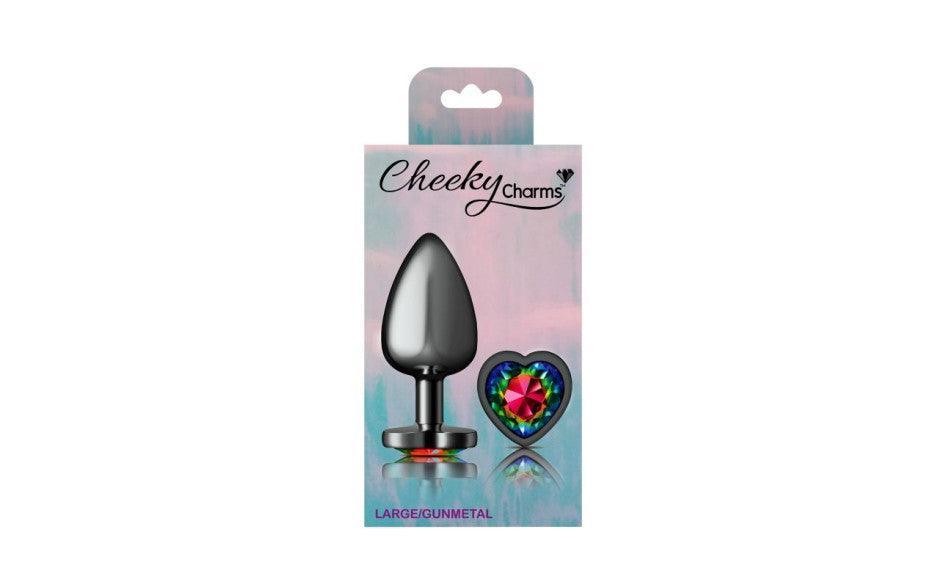 Cheeky Charms Gunmetal Butt Plug w Heart Rainbow Jewel Large - Adult Toys