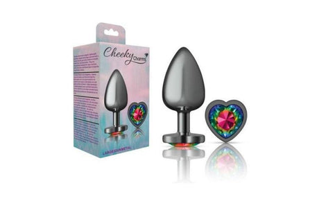 Cheeky Charms Gunmetal Butt Plug w Heart Rainbow Jewel Large - Adult Toys