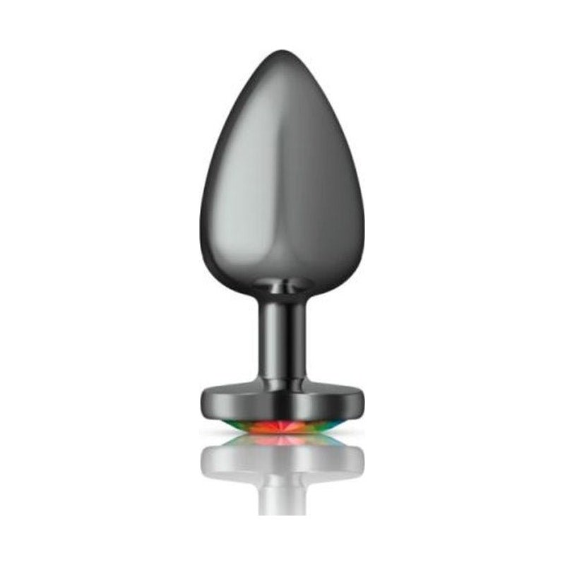Cheeky Charms Gunmetal Butt Plug w Heart Rainbow Jewel Large - Adult Toys