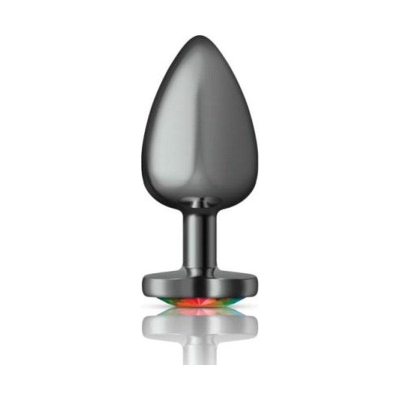 Cheeky Charms Gunmetal Butt Plug w Heart Rainbow Jewel Large - Adult Toys