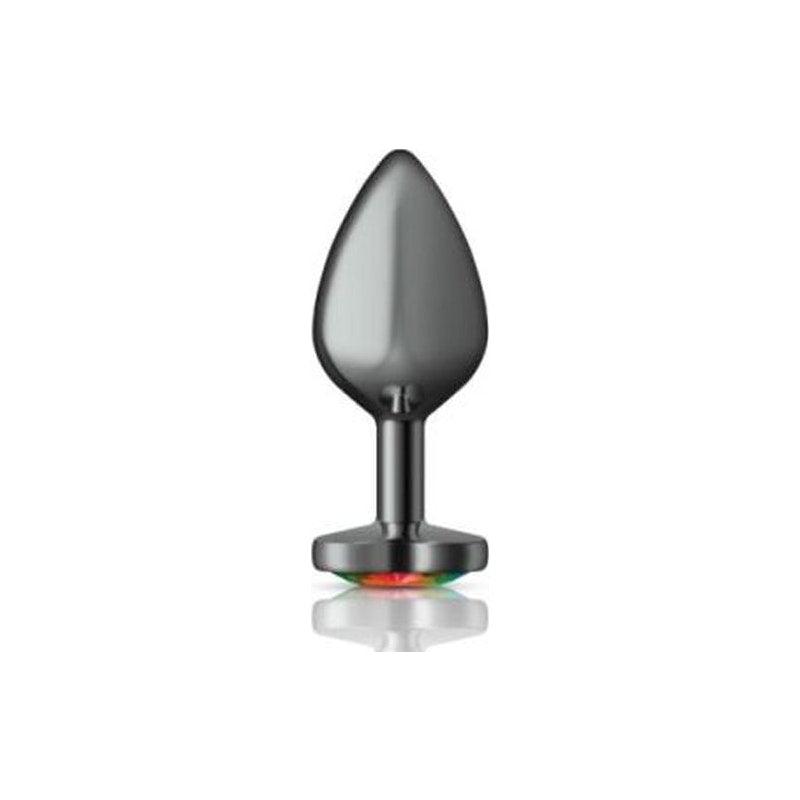 Cheeky Charms Gunmetal Butt Plug w Heart Rainbow Jewel Medium - Adult Toys