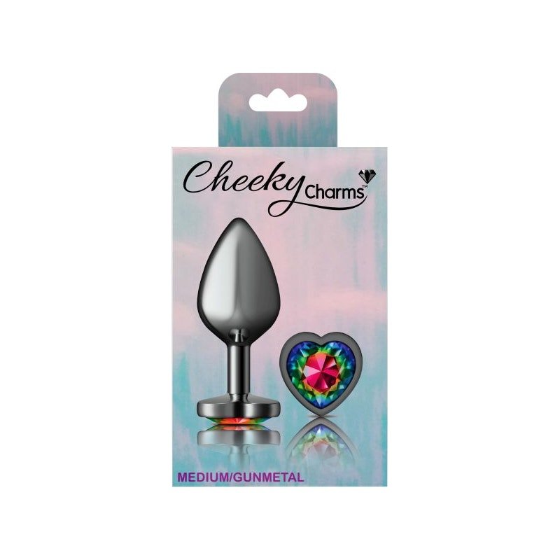 Cheeky Charms Gunmetal Butt Plug w Heart Rainbow Jewel Medium - Adult Toys